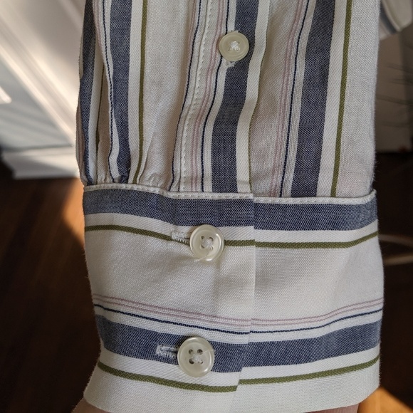 Lucky Brand Button Front Long Sleeve Vertical Striped Cream Blue Olive L NWT - Picture 5 of 8